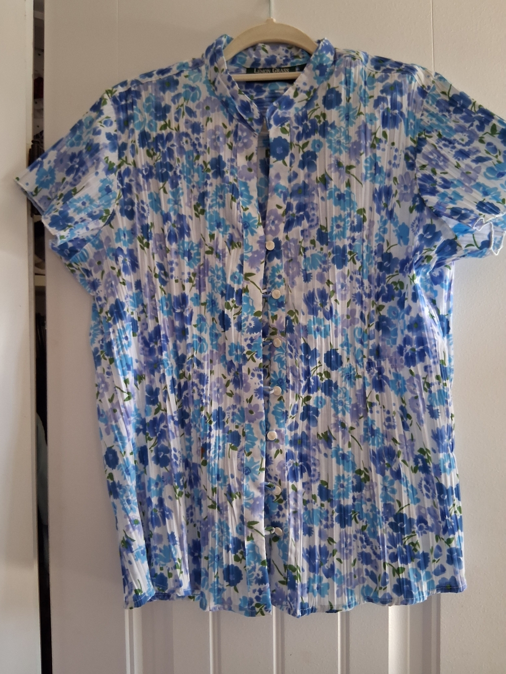 Blue Floral Pleated Button-Down Shirt